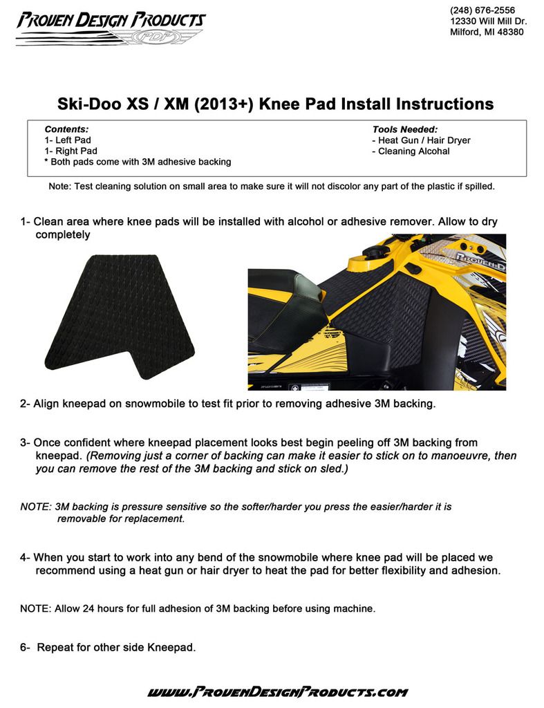 Ski-Doo Knee Pad Installation Sheet